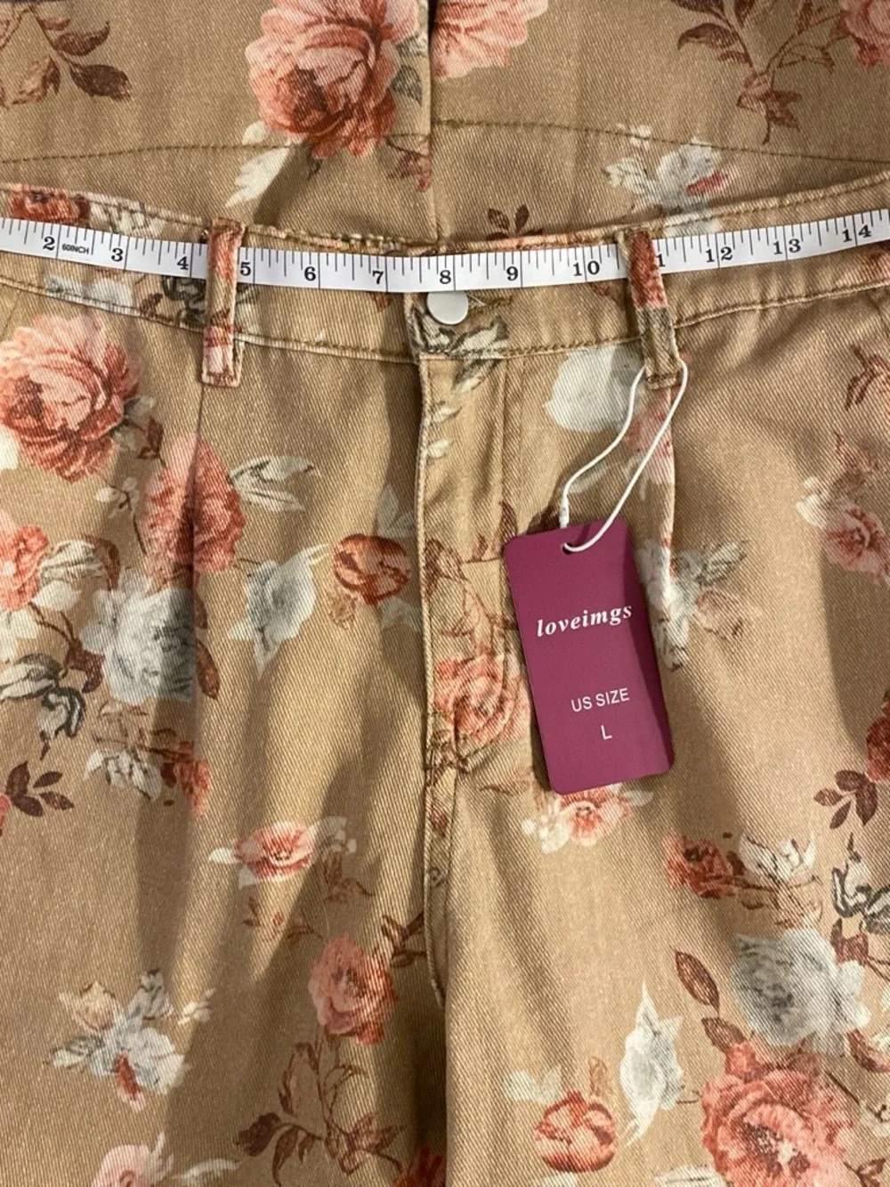 Loveimgs Floral Cropped Jeans in Tan and Pink Ankle-Length Wide Leg Size Large